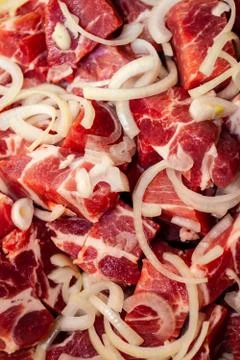 Diced or cubed raw beef steak Stock Photos