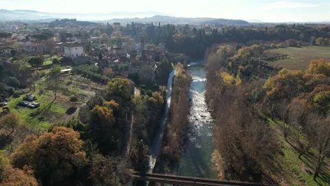 Dicember Aerial drone view approach-Arno river Tuscany Italy Giovi Borgo Stock Footage 167134941