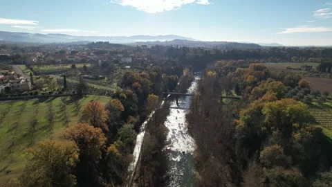 Dicember Aerial drone view approach-Arno river Tuscany Italy Stock Footage 167134986