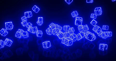 Dices Falling With Blue Neon Lights Isolated On The Black Background, 3D Stock Footage 98419955