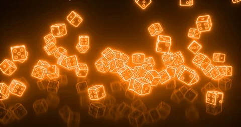 Dices Falling With Orange Neon Lights Isolated On The Black Background, 3D Stock Footage 98419943