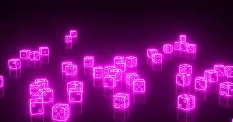 Dices Falling With Pink Neon Lights Isolated On The Black Background, 3D Stock Footage 98420032