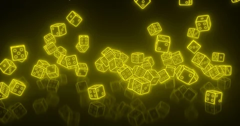 Dices Falling With Yellow Neon Lights Isolated On The Black Background, 3D Stock Footage 98420125