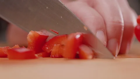 Dicing Red Bell Pepper Close Up Low Angle Video stock 155113851