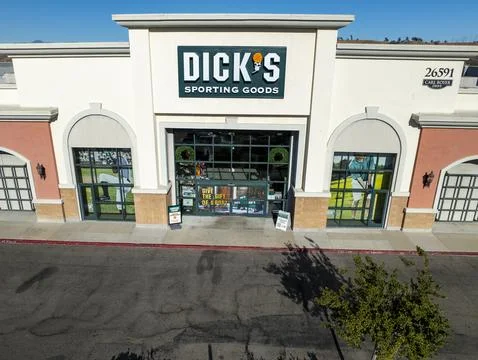 Dick's Sporting Goods store front, entrance, sign, logo, marquee, sunny day. Stock Photos