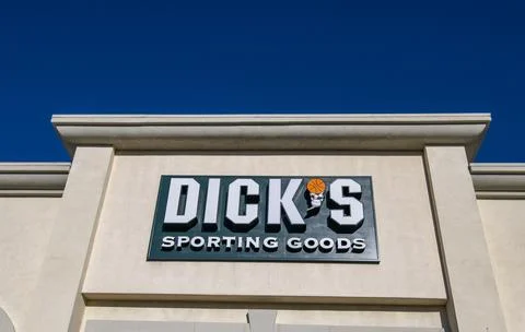 Dick's Sporting Goods store front, entrance, sign, logo, marquee, sunny day. Stock Photos
