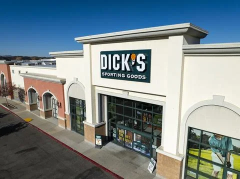 Dick's Sporting Goods store front, entrance, sign, logo, marquee, sunny day. Stock Photos