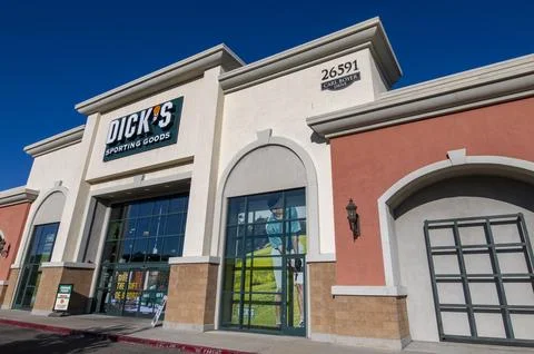 Dick's Sporting Goods store front, entrance, sign, logo, marquee, sunny day. Stock Photos
