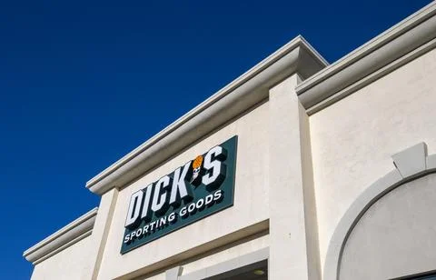 Dick's Sporting Goods store front, entrance, sign, logo, marquee, sunny day. Stock Photos