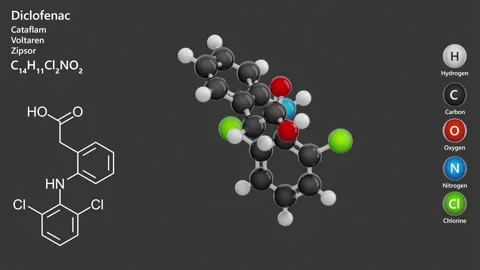 Diclofenac. 3D model of a molecule. C14H11Cl2NO2. Gray background. 3D render Vídeo Stock 293134752