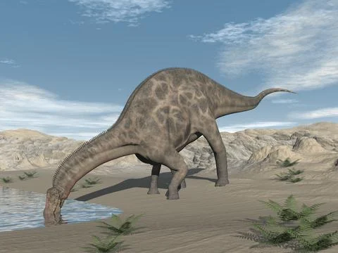 Dicraeosaurus dinosaur drinking in the desert - 3D render Stock Illustration