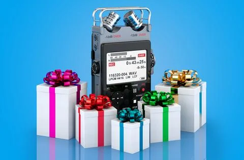 Dictaphone with presents, 3D rendering Stock Illustration