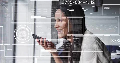 Dictating message woman using smartphone by glass window in office, with data Stock Photos