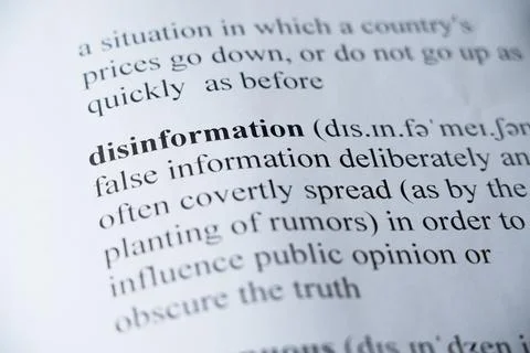 Dictionary page with the word Disinformation with selective focussing Stock Photos