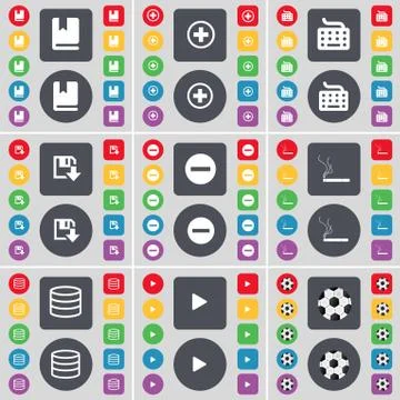 Dictionary, Plus, Keyboard, Floppy, Minus, Cigarette, Database, Play, Ball icon 스톡 일러스트