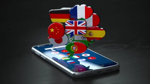 Dictionary, translating and learning languages mobile app. Speech bubbles Stock Footage 303868042