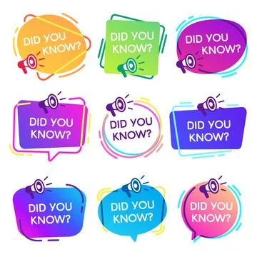 Did you know labels. Interesting facts speech bubbles, knowledge base label.. Stock Illustration