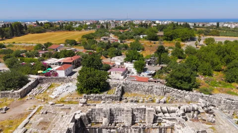 Didim, Turkey. Drone view of Apollo Temple at Didyma, showcasing massive scale Stock Footage 320035650