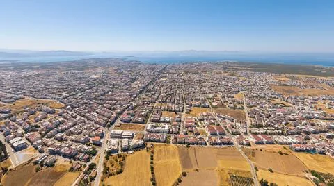 Didim, Turkey. High angle view of coastal terrain with patchwork farms, tow.. Fotos de archivo