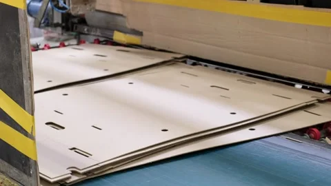 Die Cut Cardboard Box Blanks Moving Fast on Automated Roller Conveyor System 库存影片 337669574