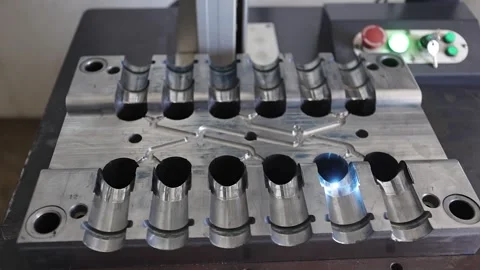 Die of injection machine in which laser marking is taking place Stock Footage 251634077