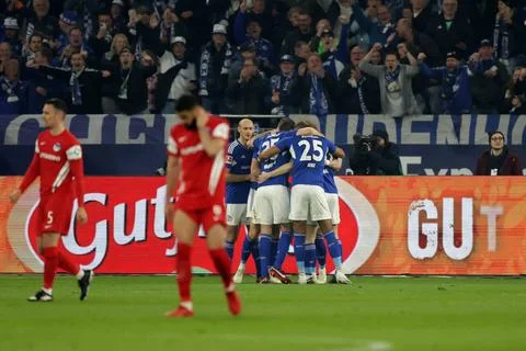 Die Spieler vom FC Schalke 04 freuen sich über das Tor zum 2:0 durch Mariu.. Stock Photos