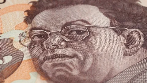 Diego Rivera portrait on Mexico 500 peso bill rotating. Low angle, 4K Stock Footage 124378345
