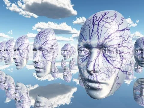 Diembodied faces or masks hover in surreal scene Illustration