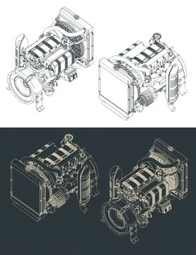 Diesel engine isometric blueprints Illustrazione stock