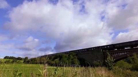 Diesel engine pulling steam train carriages country bridge Stock Footage 80292259
