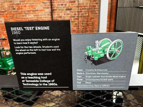 Diesel test engine display signage from 1960 used for teaching at Tameside .. Stock Photos