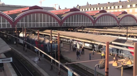 Diesel train and electric train at Copenhagen Central Station. Video stock 47799880
