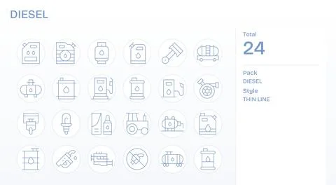 Diesel Vector Icon Set with 24 Thin Line Retina Ready Detail Enhanced Graphic Stock Illustration