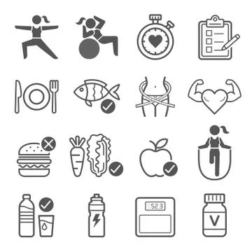 Diet and exercise icons. Vector illustrations. Stock Illustration