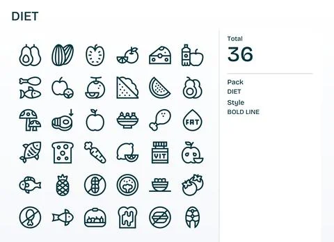 Diet Digital Vector Pack containing 36 Pixel Optimized Bold Line 64x64 Icons Stock Illustration