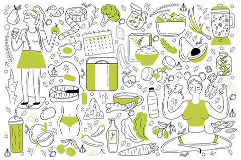 Diet doodle set. Collection of hand drawn sketches templates of people dieting Ilustração Stock