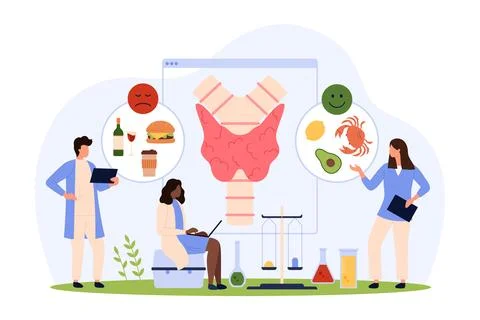 Diet for health of endocrine system, tiny people talk about healthy food 스톡 일러스트