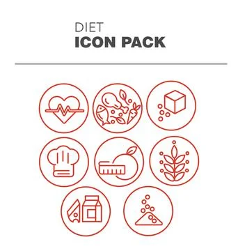 Diet Icon Pack, 6 Orange Icons. Diet and Food Linear Icons Set Stock Illustration