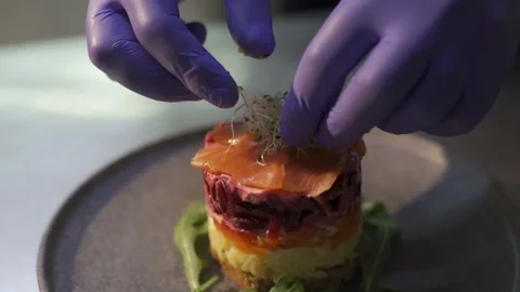 Diet lunch in kitchen. Greenery on plate salad Video stock 303554747