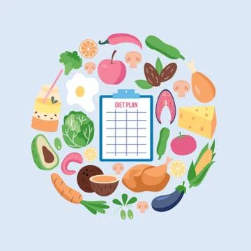 Diet menu plan with check list and vegetables flat vector illustration isolated. Stock Illustration