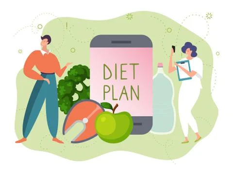Diet plan app vector illustration, cartoon adult tiny man woman character with Stock-Illustration