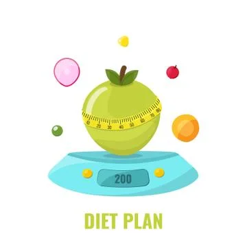 Diet plan concept. Apple on kitchen scales with measuring tape Stock Illustration