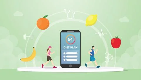 Diet plan concept apps tracker with checklist on smartphone and healthy fruit Stock Illustration