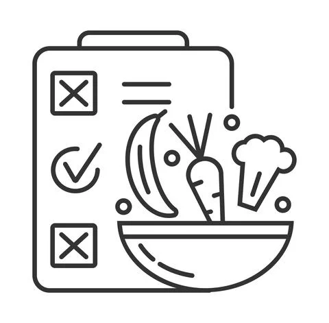 Diet plan icon vector in outline style. Planer with notes and a bowl of Stock Illustration