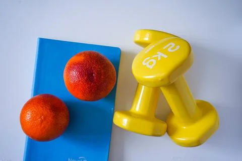 Diet plan, menu or program, weight loss, measuring tape, dumbbells Stock Photos