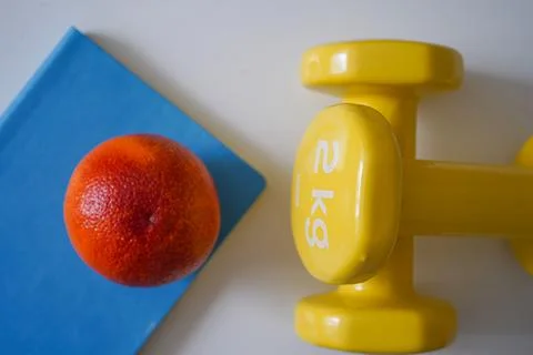 Diet plan, menu or program, weight loss, measuring tape, dumbbells Stock Photos