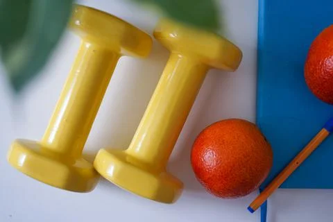 Diet plan, menu or program, weight loss, measuring tape, dumbbells Stock Photos