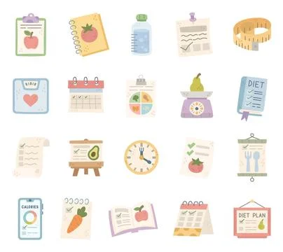 Diet plan nutrition set featuring tracker calendar Stock Illustration