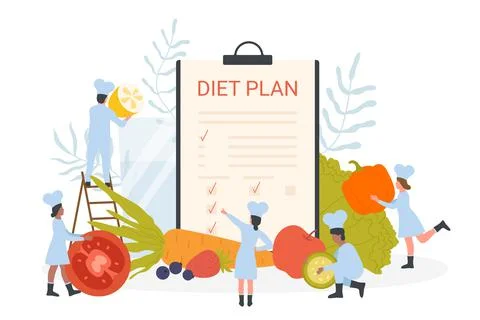 Diet plan, program for detoxification, chefs holding vegetables for dietary menu Illustrazione stock