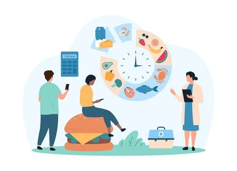 Diet planning by tiny people, meal schedule and nutrients during day in chart 스톡 일러스트
